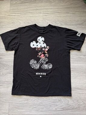 Black Mickey Graphic Tee with Floral & Paisley Print Size L